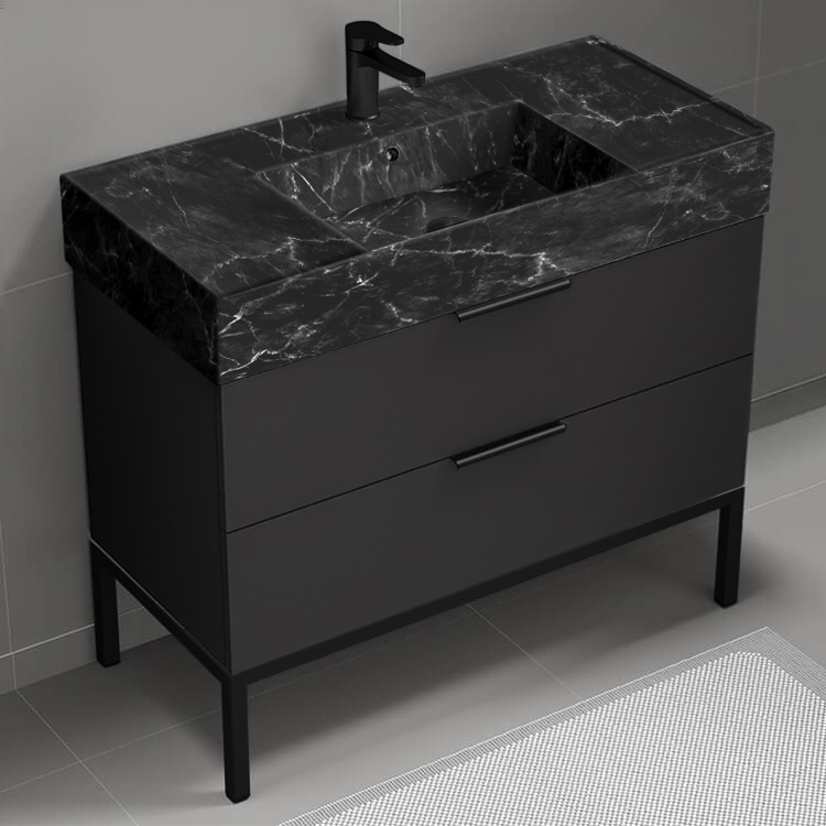 Nameeks DERIN896 40 Inch Bathroom Vanity With Black Marble Design Sink, Floor Standing, Modern, Matte Black